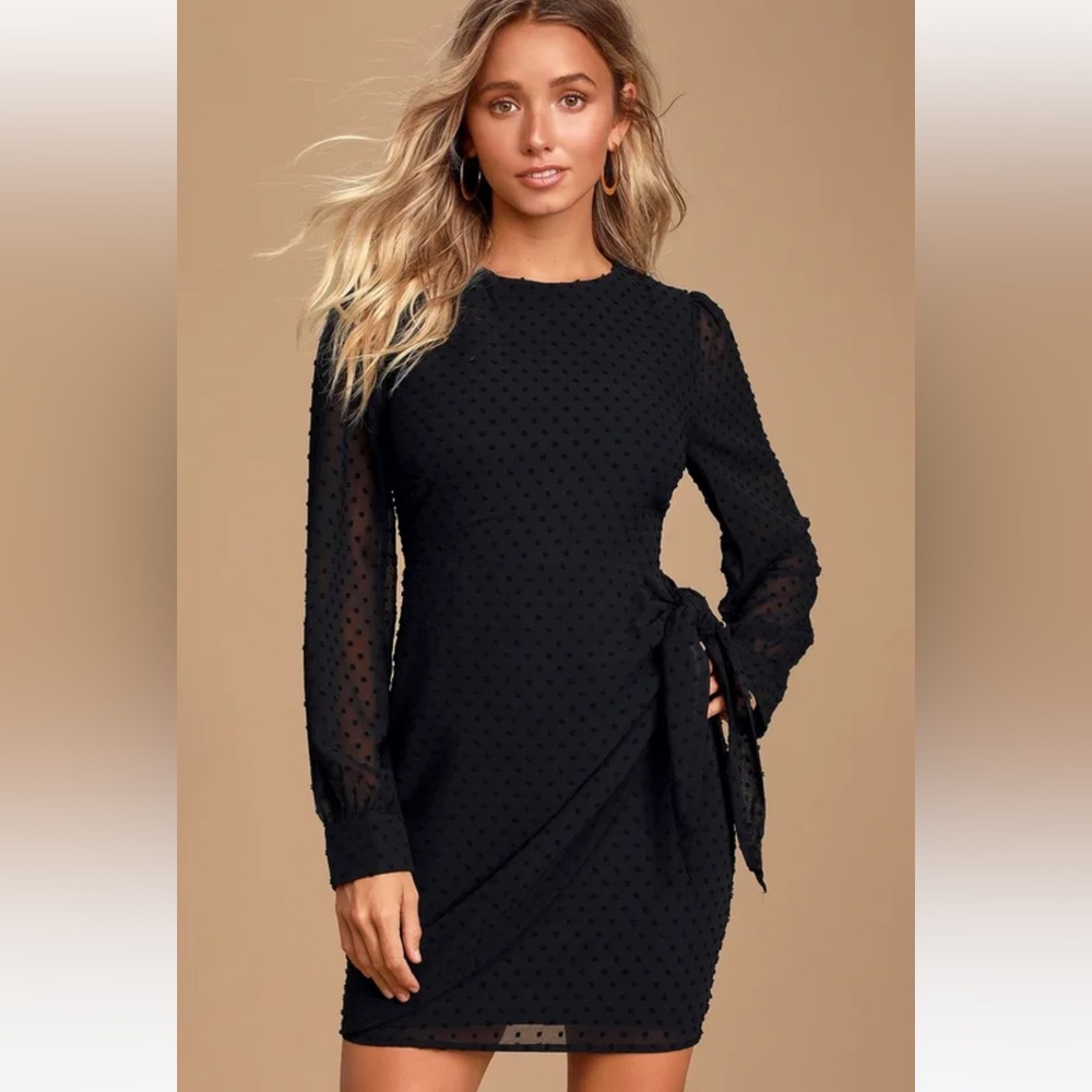 Black Swiss Dot Long Sleeve Tie-Front Mini Dress